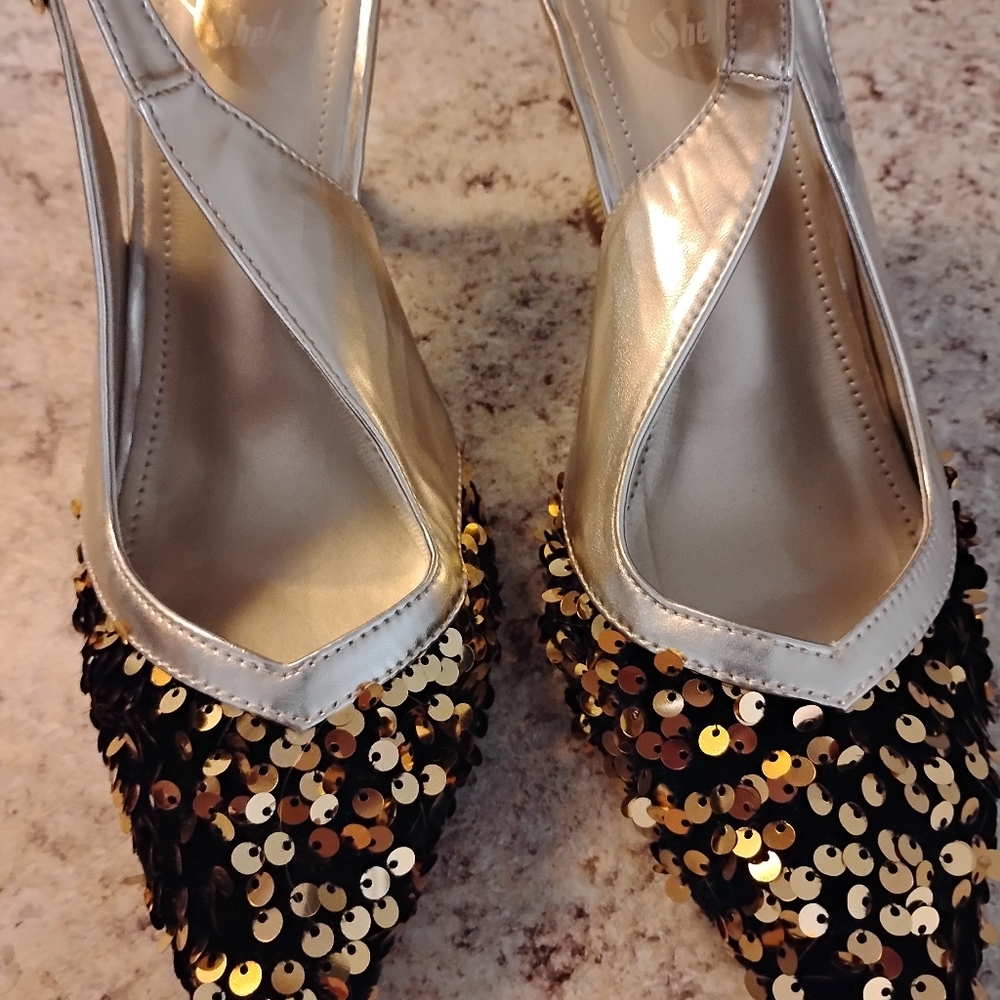 SHEIN Gold Sequin Heels with Silver Accents